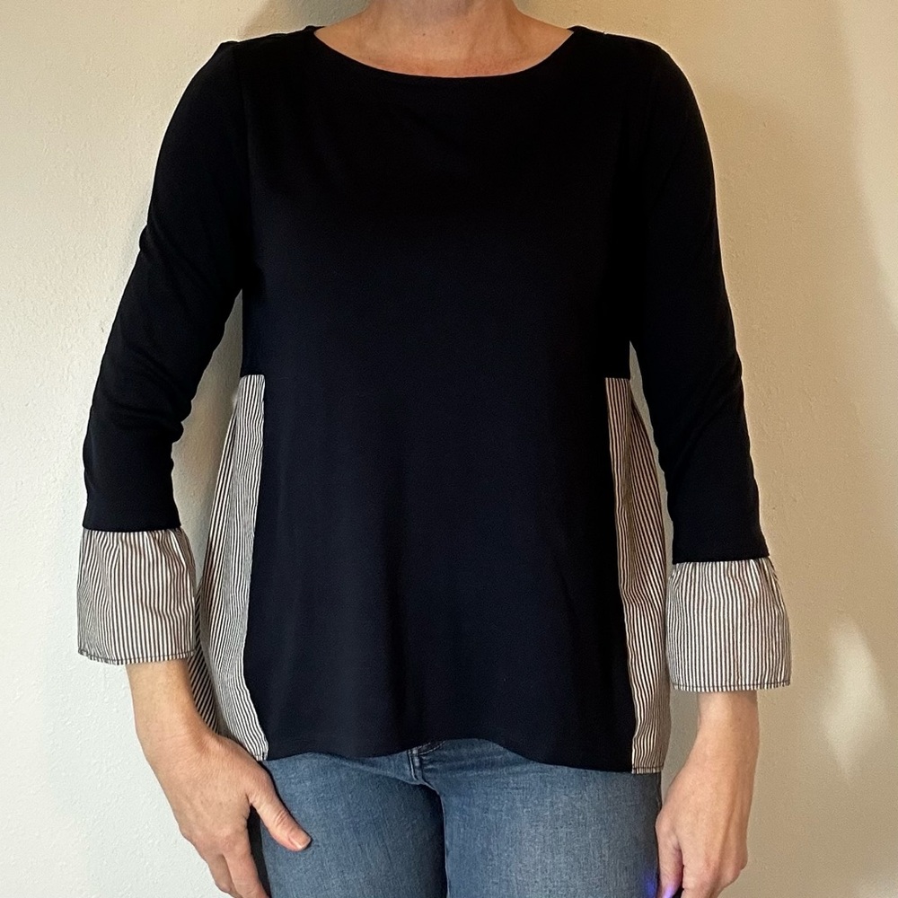 LOFT Navy Blouse with Striped Accents